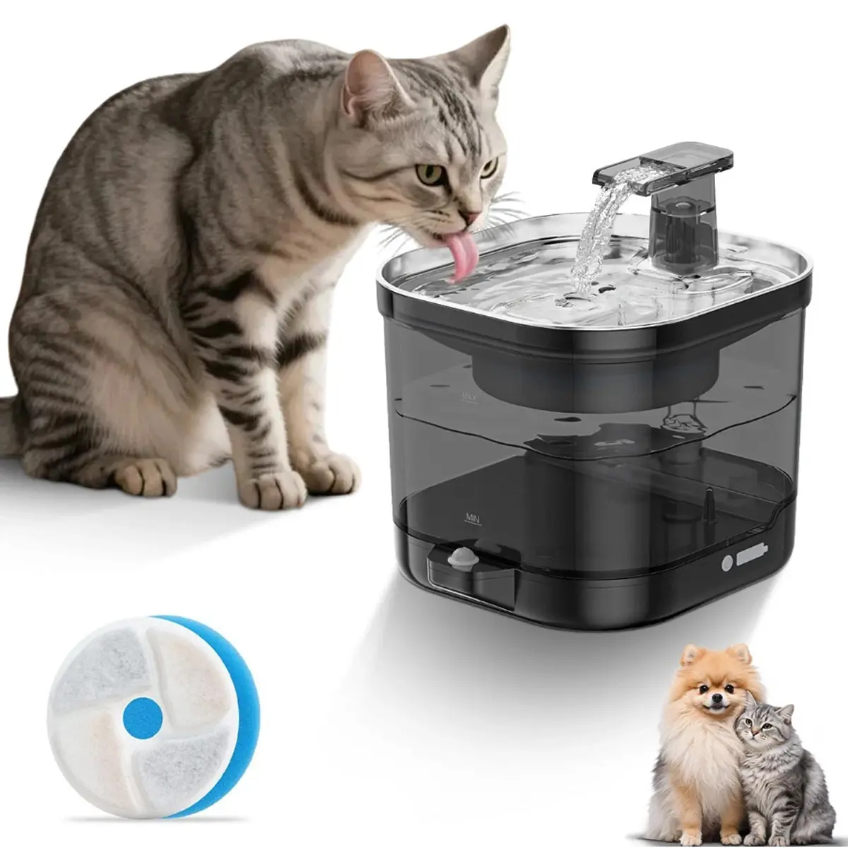 Stainless Steel Automatic Water Feeder for Cats, 2L/68oz Cordless Wireless Pet Fountain with External Quiet Pump, 5000mAh Rechargeable Motion Sensor for Fresh Water (1 Filter Included)
