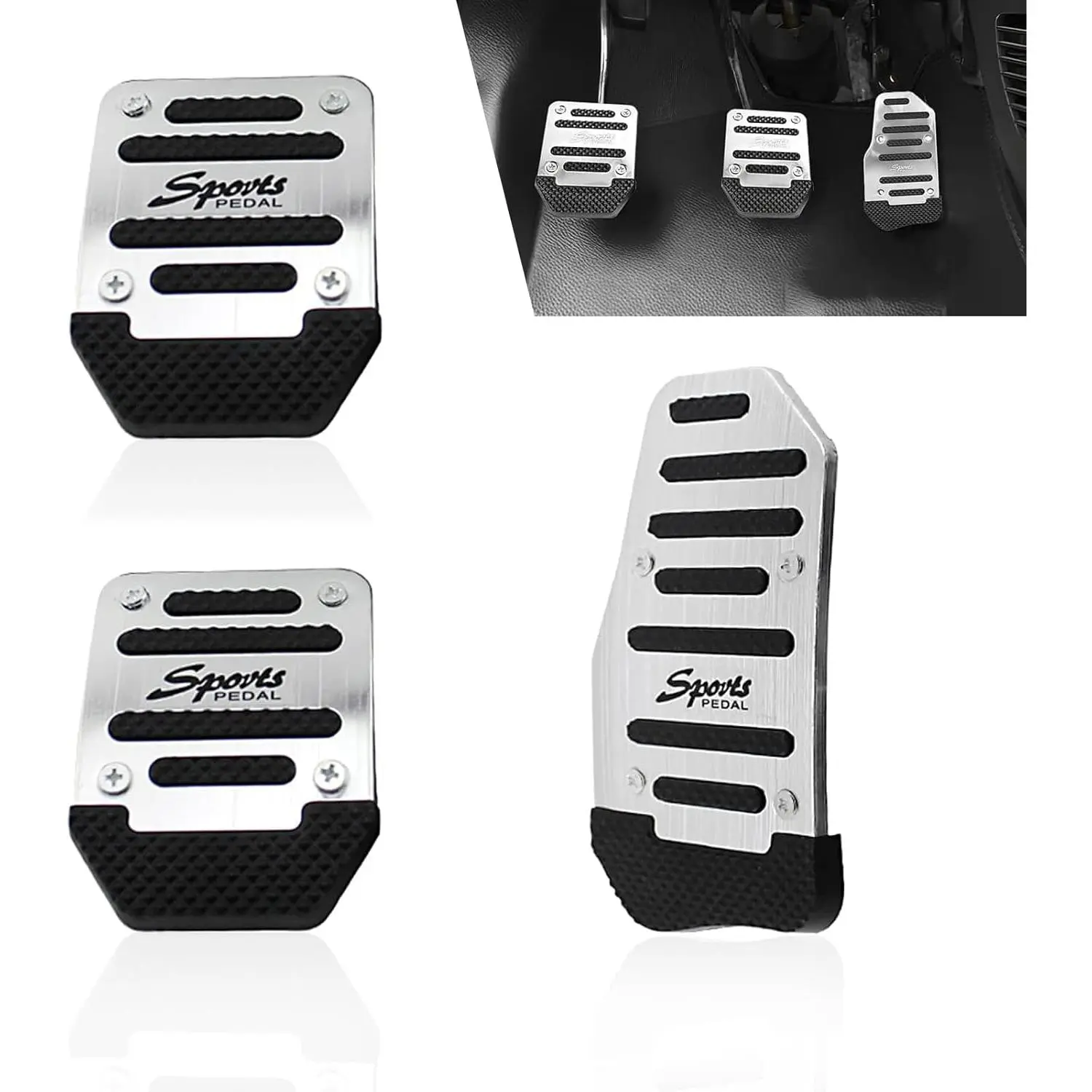 3-Piece Car Accelerator, Brake & Clutch Pedal Kit - Thickened Alloy + High-Elastic Striped Rubber, Anti-Slip Design, Shock Absorption, Noise Reduction, Improved Safety, Manual Transmission Repair Modification Accessories (Silver)