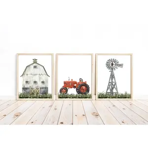 Barnyard Rustic Farm Nursery Decor Set of 3 Unframed Farmhouse Prints Watercolor Barn Red Tractor Windmill