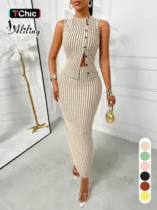 Aliling Striped Print Women's Two-Piece Cropped Tank Top and Skirt Set, Casual Sleeveless Button Vest and Slim-Fit High-Waist Long Skirt, Elegant Outfit for Women's Daily Wear