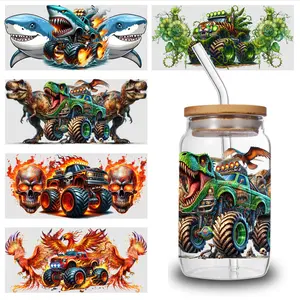 5 Sheets Dinosaur Truck uv dtf transfer sticker Plastic Self-Adhesive Labels Mug Decoration Gift Flower Waterproof DTF Transfer Decor Cups Decoration magnetic series graffiti