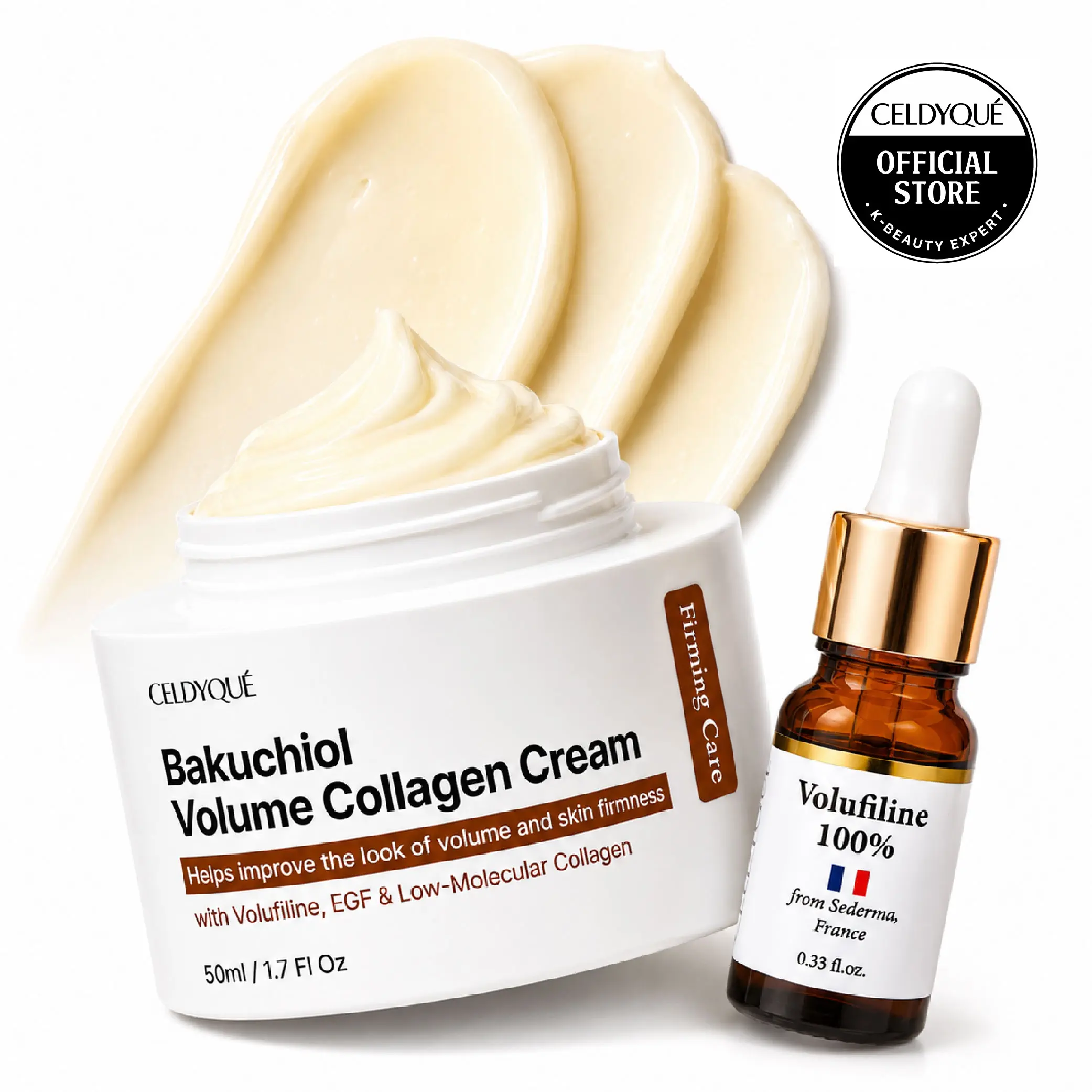 [CELDYQUE] Volufiline 100% Concentrate Serum + Bakuchiol Volume Collagen Cream Duo | Plumping & Firming Care with EGF & Low-Molecular Collagen, 10ml + 50ml