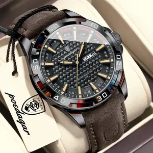 POEDAGAR Top Casual Sports Men Watch Waterproof Luminous Date Week Fashion Watch for Man Leather Classic Men'S Quartz Wristwatch