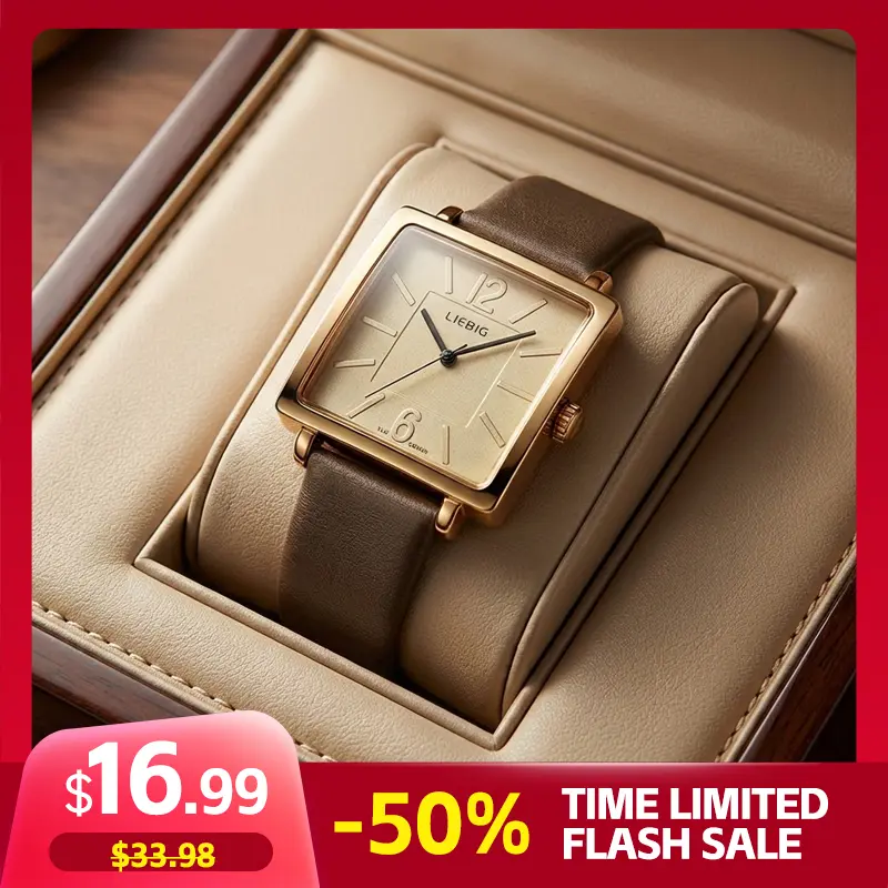 LIEBIG Women's Stylish Vintage Square Leather Wristwatch with Gold-Tone Case, Casual Analog Quartz Movement, 3ATM Water Resistant, Casual Trendy Wristwatch, Square Dial Wristwatch
