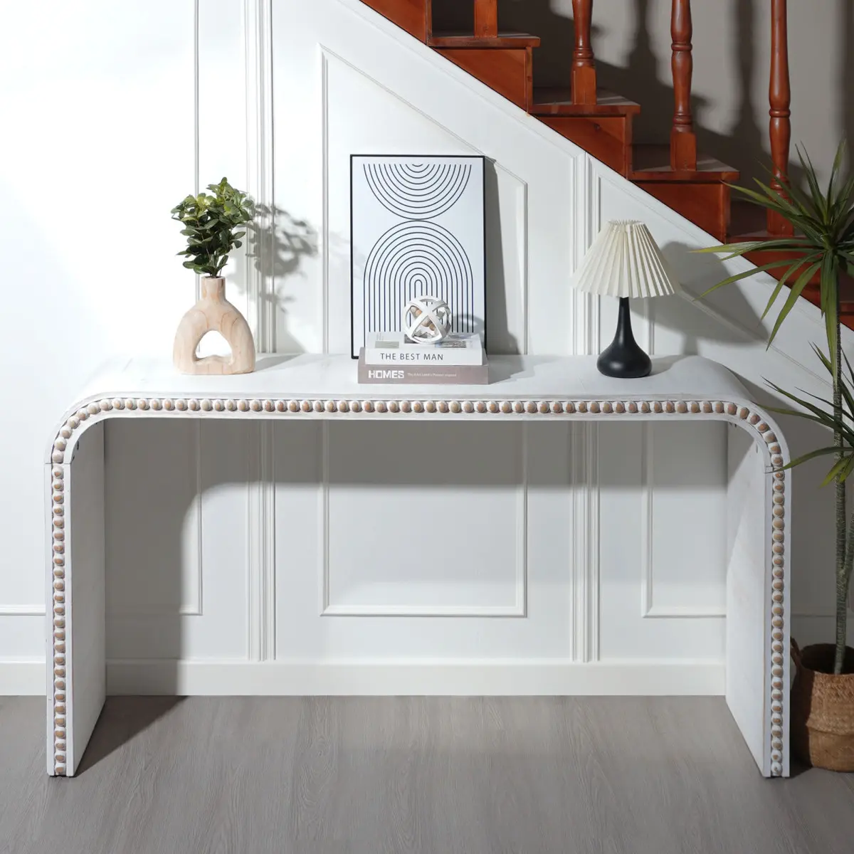 Washed white Console Table, 59in Entryway Table, Curved Waterfall-style Table,Console table with wood beads,Entrance Table for Entryway, Hallway, Living Room, Foyer, Coidor, Office