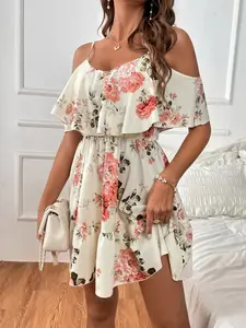 【Plus Size】 Floral Print Cold Shoulder Dress, Boho Bohemian Fashion Casual Dress for Daily Holiday Vacation Wear, Women Clothing for Spring & Fall, Womenswear