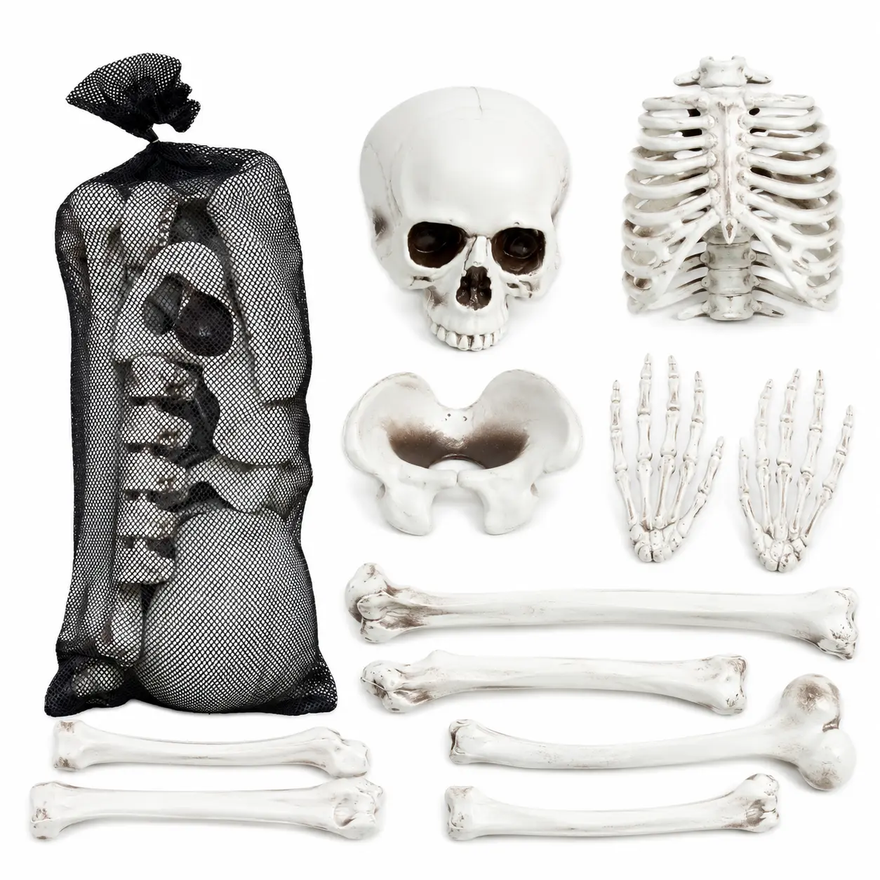Skeleton Bone Decoration 19 Piece Set – Halloween Graveyard Bones with Mesh Storage Bag
