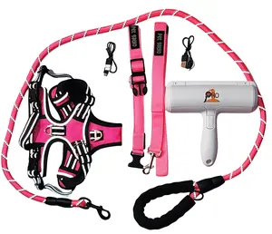 Ultimate 5-in-1 Dog Harness Combo with LED Light-Up Collar Matching Leashes & Hair Remover for Medium Dogs Pink