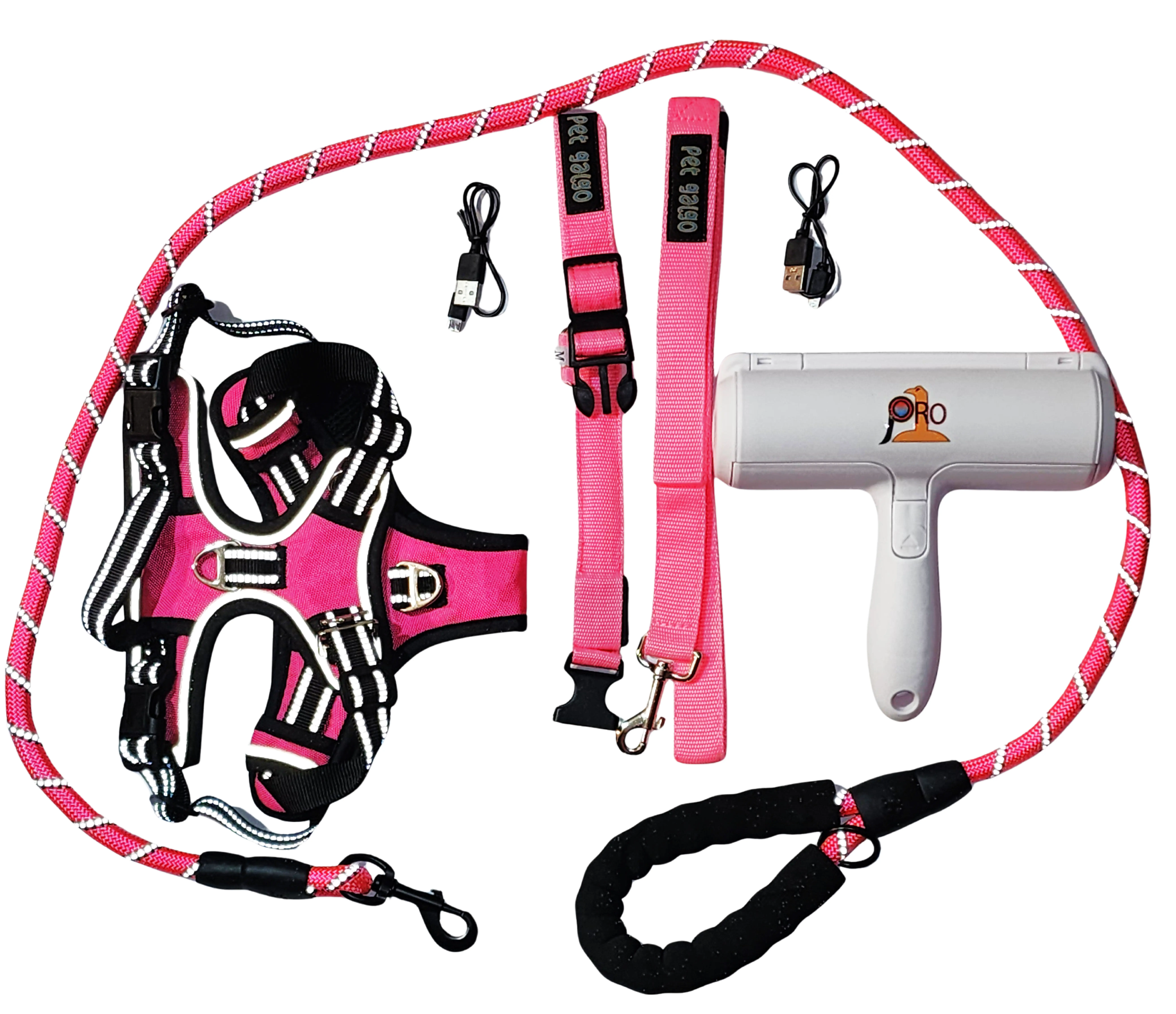 Ultimate 5-in-1 Dog Harness Combo with LED Light-Up Collar Matching Leashes & Hair Remover for Medium Dogs Pink