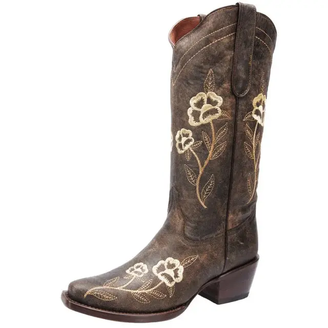 Women's Western Cowboy Boots, Handcrafted Dark Brown Leather with Cream and Gold Floral Embroidery, Snip Toe, Cushioned Liner, Western Elegance, Country Girl Aesthetic, Distressed Leather, Classic Snip, Durable Leather Outsole, Decorative Stitching