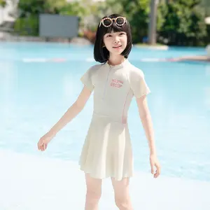 Summer Swimming Suit for Kids Girls Bathing Suit Cartoon Solid Color High-Stretch Cute One-Piece Swim Dress