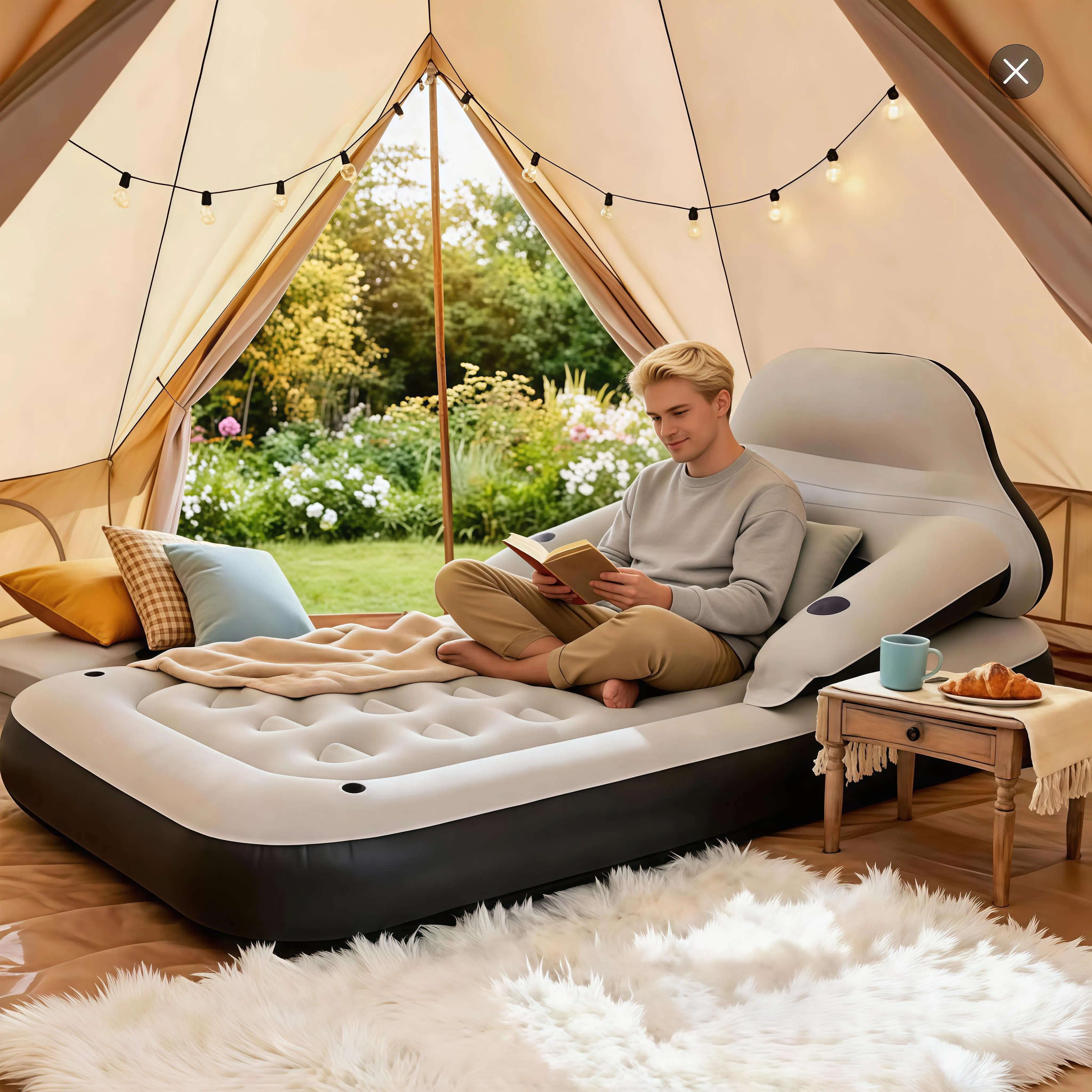 Inflatable Airbed with Attached Headboard & Pillows - Foldable, Comfortable Camping Mattress for Hiking, Outdoor Travel (No Air Pump)