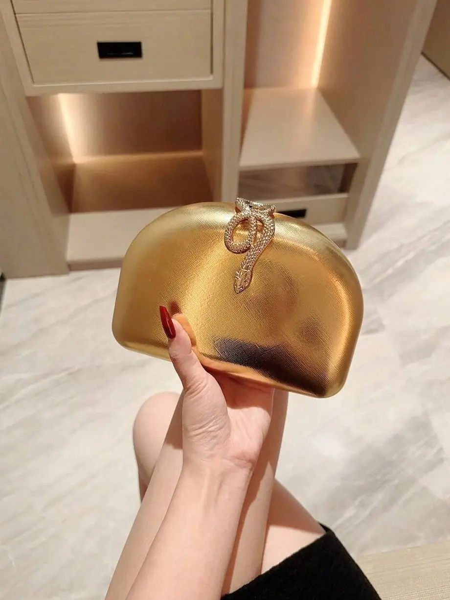 Metallic Snake Decor Gold Clutch Bag | Luxury Vintage Mini Evening Purse With Chain