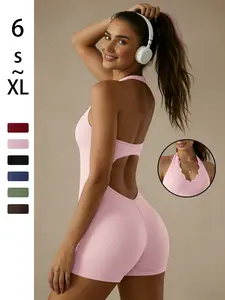 Women's Lace V-Neck Yoga Suit, Sexy Backless Butt-Lifting One-Piece Shorts, Quick-Dry Sports Gym Wear, Home Comfortable Fitness Clothes, Workout Jumpsuits, Sporty Jumpsuit