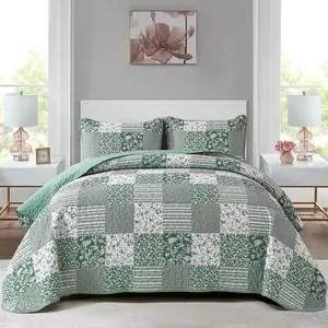Green Set Twin Size, 2 Pieces Floral Bedspread Set Patchwork Reversible Bedding Set Microfiber Lightweight Bedspread Coverlet Set for All Season 68"x86"