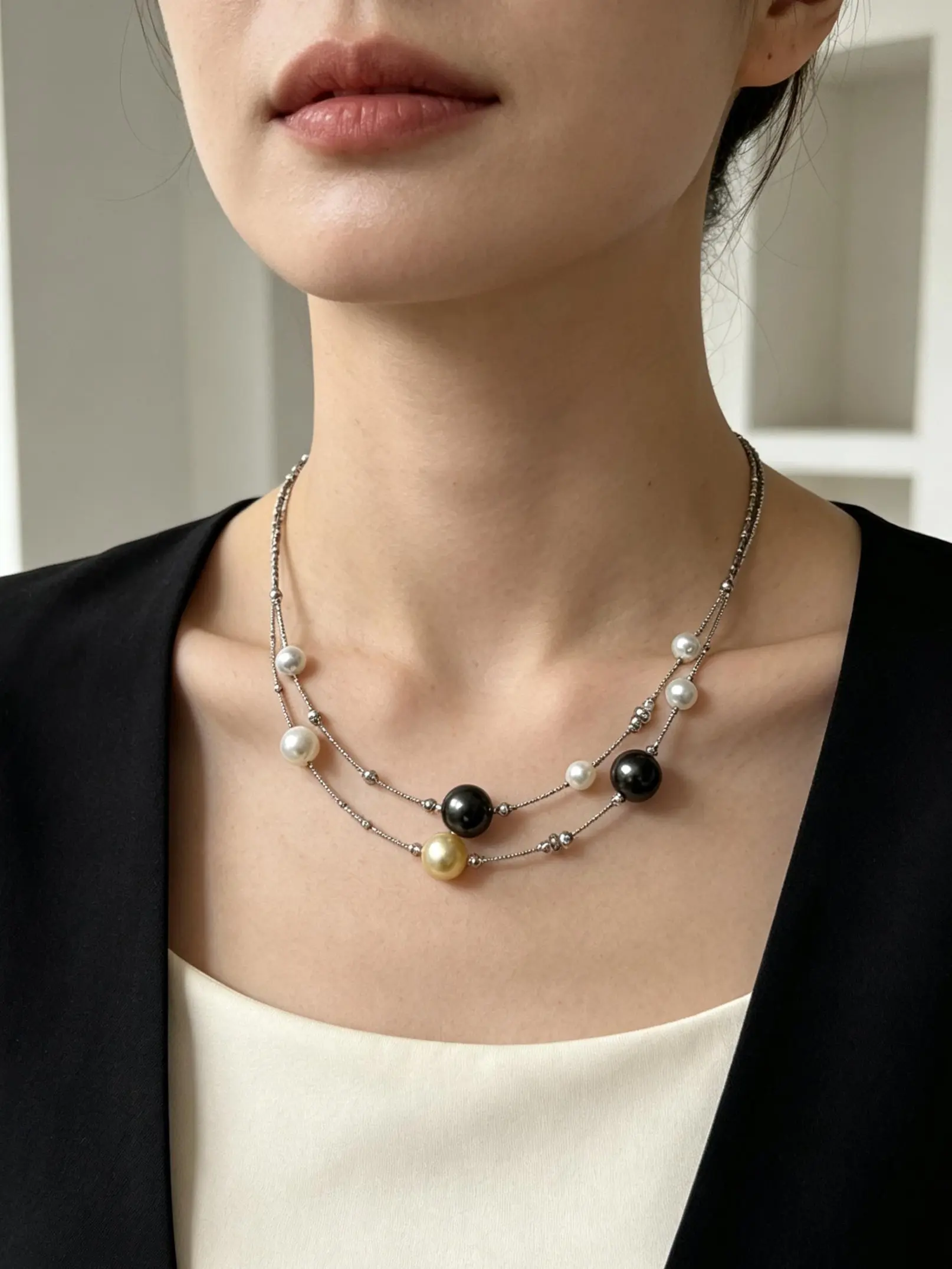 NO.08-Design new model of multi-layer silver chain with star-shaped laser pearls and glittering stars