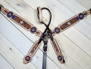 Red White and Blue Crystal Concho White Buckstitch Tack Set