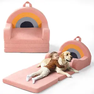 COMOMY 2 in 1 Toddler Couch, Kids Couch, Convertible Sofa to Lounger- Ideal for Napping, Reading, and Playing, Foldable Baby Soft Couch Chair for Boys and Girls Gift, Bear, Rainbow, Pink