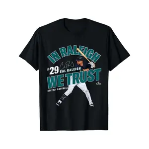 Men's In Cal Raleigh We Trust Seattle Baseball T-Shirt- Black with Teal& White Graphic Print, 29 Number Design, Bohemian Style Casual Fan Apparel for Mariners Supporters, All-Season Comfort Short Sleeve Round Neck Tee