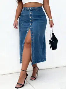 Women's Denim Skirt with Button Closure, Plus Size Fashionable Half-Sleeve Design, All-Season Wear Comfort & Style Woven Womenswear