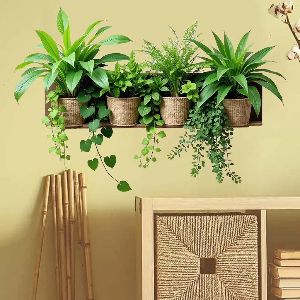 Fresh Potted Plant Wall Sticker, Scratch-Resistant Self-Adhesive Aesthetic Wallpaper, Natural Plant Decal for Home Decor, Living Room Wall Decor