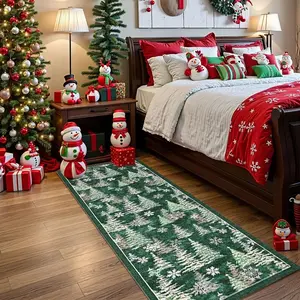 Christmas Velvet Rug with Festive Elements, Washable Long Runner for Hallway, Bedroom Living Room Office Decor, Available in Various Sizes