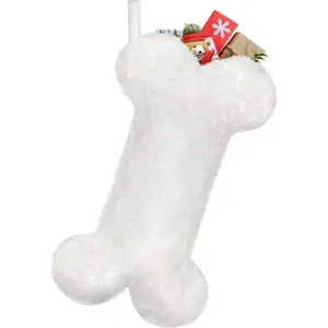 Malier Dog Christmas Stocking, Xmas Luxury Faux Fur Large Bone Shape Hanging with Silver & Gold Snowflakes Sequin Decorations Pets Christmas Dog Stockings for Dogs Cats Pets (Whith)