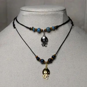 Jellyfish Ocean Charm Stainless Steel Charm Ceramic Beaded Silver or Gold Boho Hippie Whimsical Adjustable Black Rope Cord Choker Stacking Necklace jewelry
