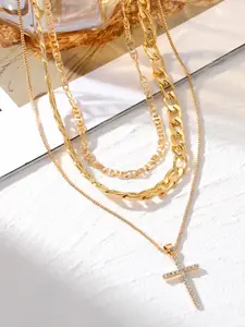 3 - Piece Layered Gold Cross Necklace Set, Trendy & Elegant Jewelry, Ideal for Women, Daily & Party Wear
