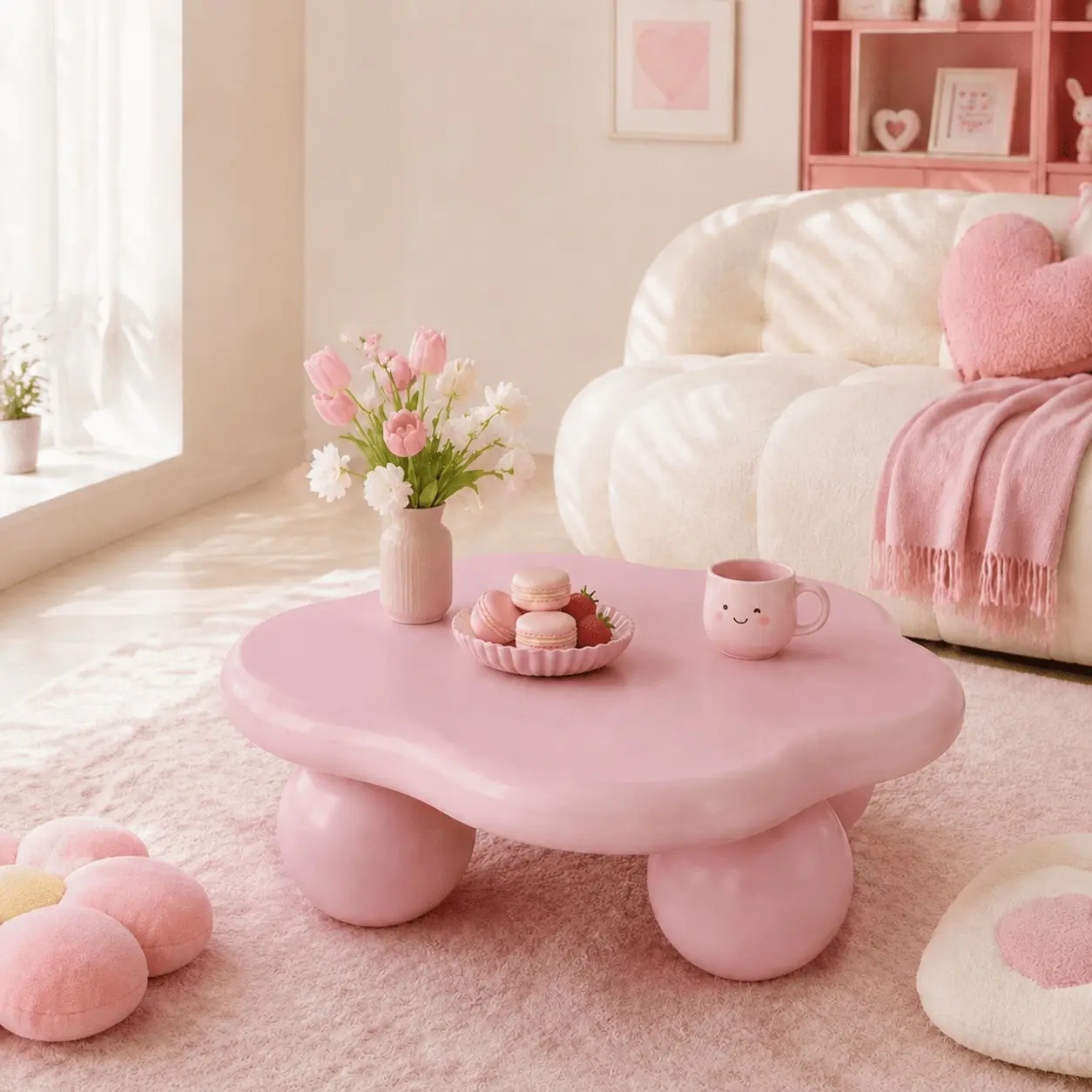 Littleox Modern Cute Cloud Petal Coffee Table 35 Inches, Macaron Multicolor Finish with Round Spherical Legs, Kid & Pet Safe Compact Space Saving Table for Small Apartment Living Rooms