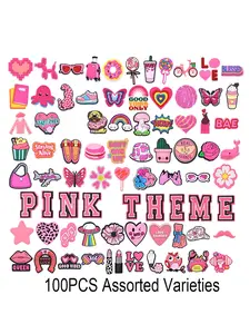 30/50/80/100pcs, soft pvc, pink assorted varieties shoe charms, pink in different styles shoe accessories, different design in pink sandal shoe decoration buckles, suitable for sandal shoes, diy accessories party gift, Footwear