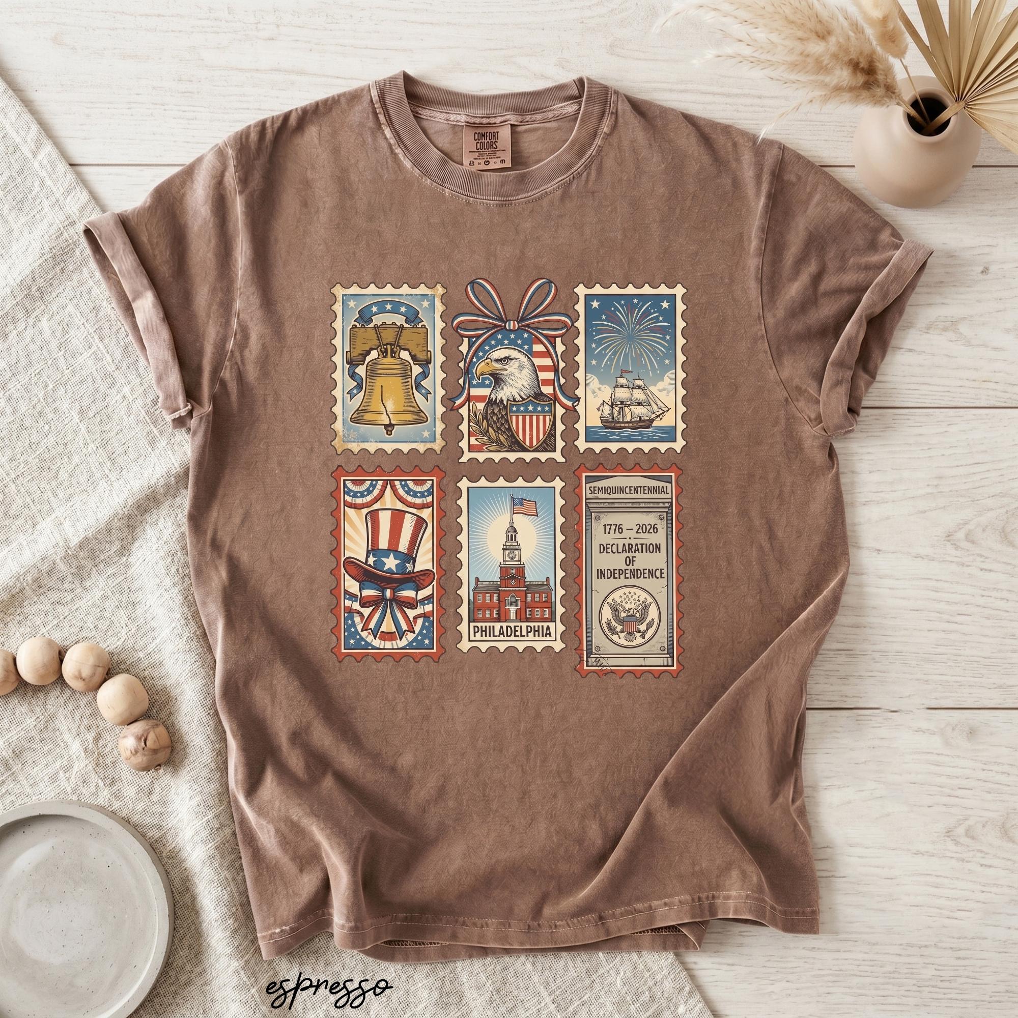Comfort Colors Patriotic Stamp Collection Shirt, America 250th Anniversary Tee, Semiquincentennial 1776 2026 T-Shirt, Independence Day Graphic Shirt, Liberty Bell Eagle Philadelphia Fireworks USA Tee