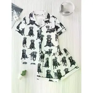 Elegant Satin Labrador Print Women's Two-Piece Pajama Set - Comfortable Loose Fit Sleepwear