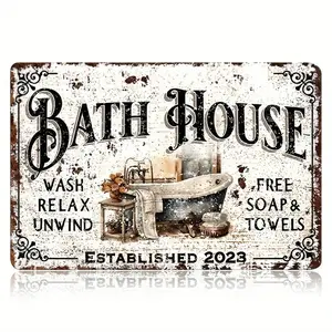 1pc Vintage Cast Iron Tin Sign - Victorian Country Bathroom Design with 'Wash, Relax, Decompress', 12x8in Durable In/Outdoor Wall Decor, Unwind Gift for Farmhouse Porch Home Towels Soap Plaque (Est.2023)