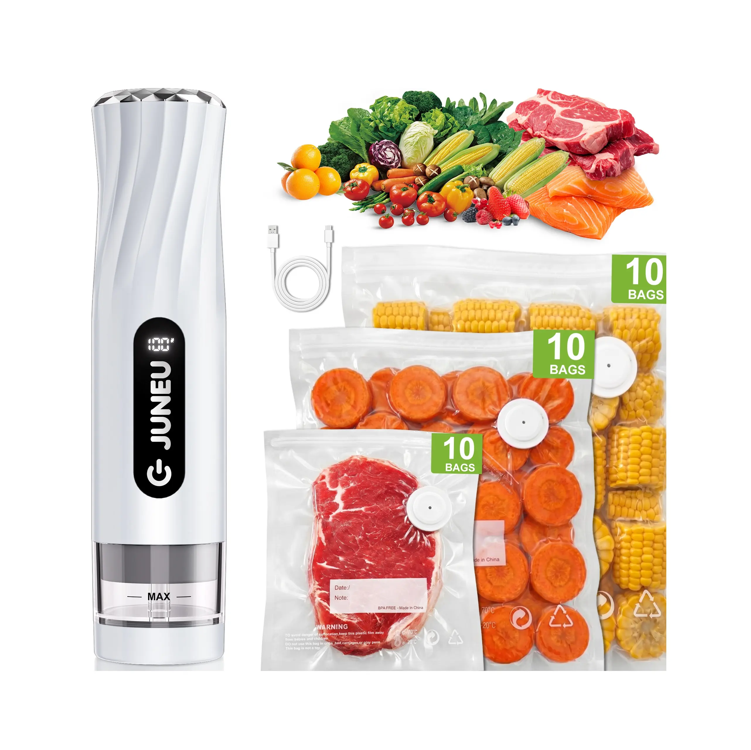 Portable Vacuum Food Sealer， Handheld Food Preserver, Includes 30 Reusable Vacuum Bags,Extended Preservation Long-LastingFreshness.Home Kitchen Travel Portable Wireless Strong Sealing Set, Mobile Food SealerDurable. Sealer Automatic storage