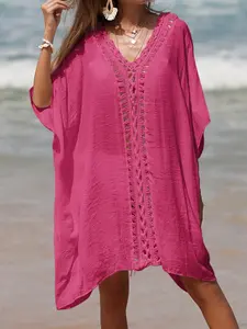 Women's Solid Contrast Crochet Cover Up, Women's Summer Clothes, Casual Batwing Sleeve V Neck Cover Up Dress for Summer Outdoor Beach Holiday Vacation, Women's Clothing, Swimsuit Coverup, Swimwear Coverups