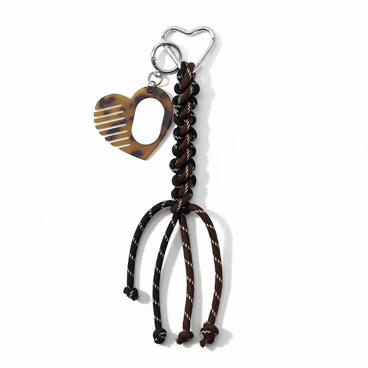 Brown Braided Cord Bag Charm Keychain with Tortoiseshell Heart Comb and Mirror, Tassel Purse Charm