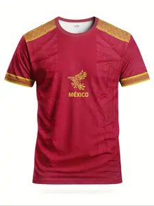 Men's Mexican Football Jersey & Cartoon Pattern Round Neck Comfortable Sport Top, Soccer Shirt, Casual Long Fitted Shirt for All Seasons