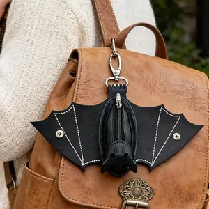 Leather Bat Coin Purse, Handmade Foldable Bat Wallet with Wings, Gothic Realistic Inverted Bat Bag with Zipper Pocket and Keychain