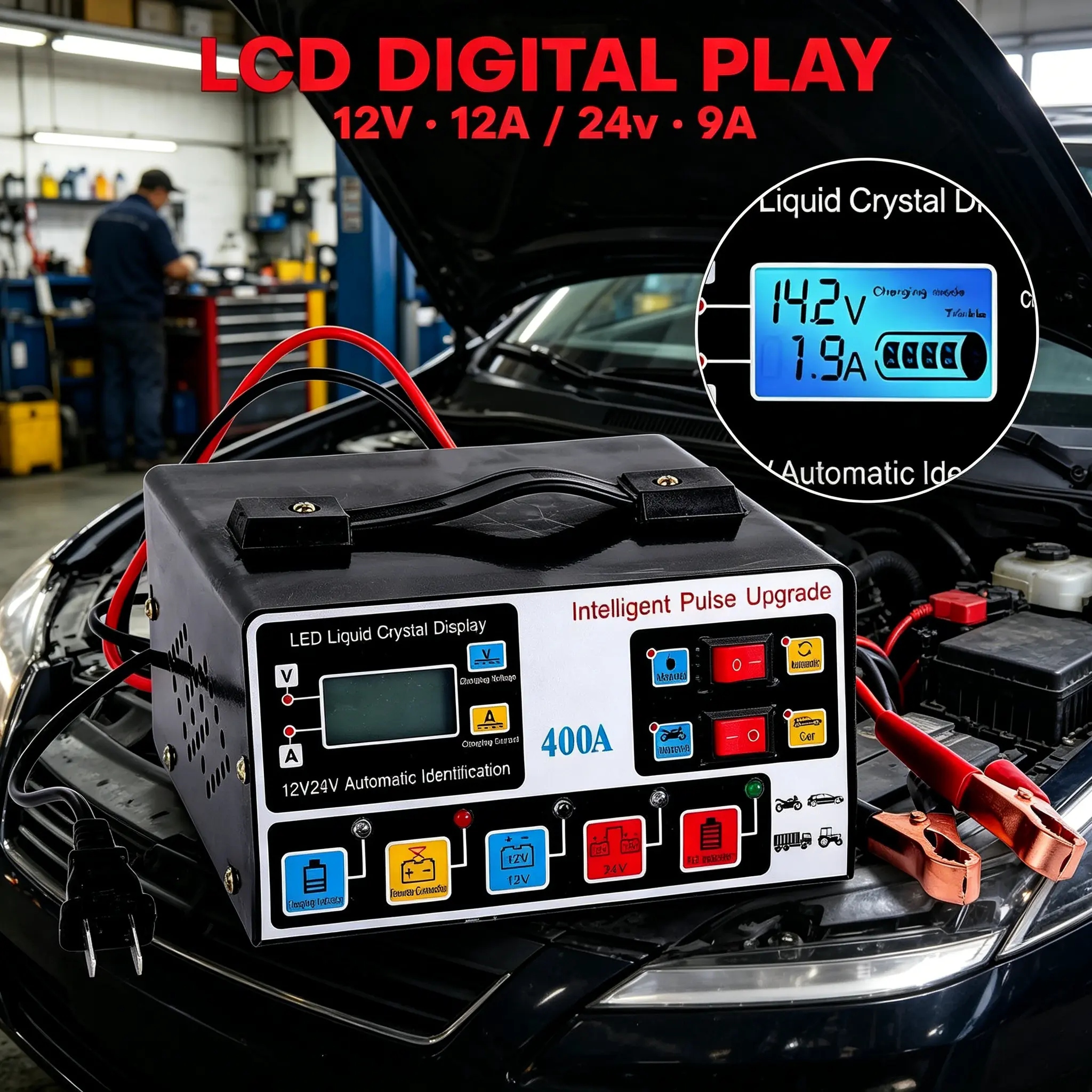 400A Heavy Duty Smart Battery Charger - Automatic, Dual Voltage (12V/24V), Pulse Repair, Trickle Safe Charge, Heat Resistant for Marine & Car Use, Extends Battery Service Life, Trucks, Boats