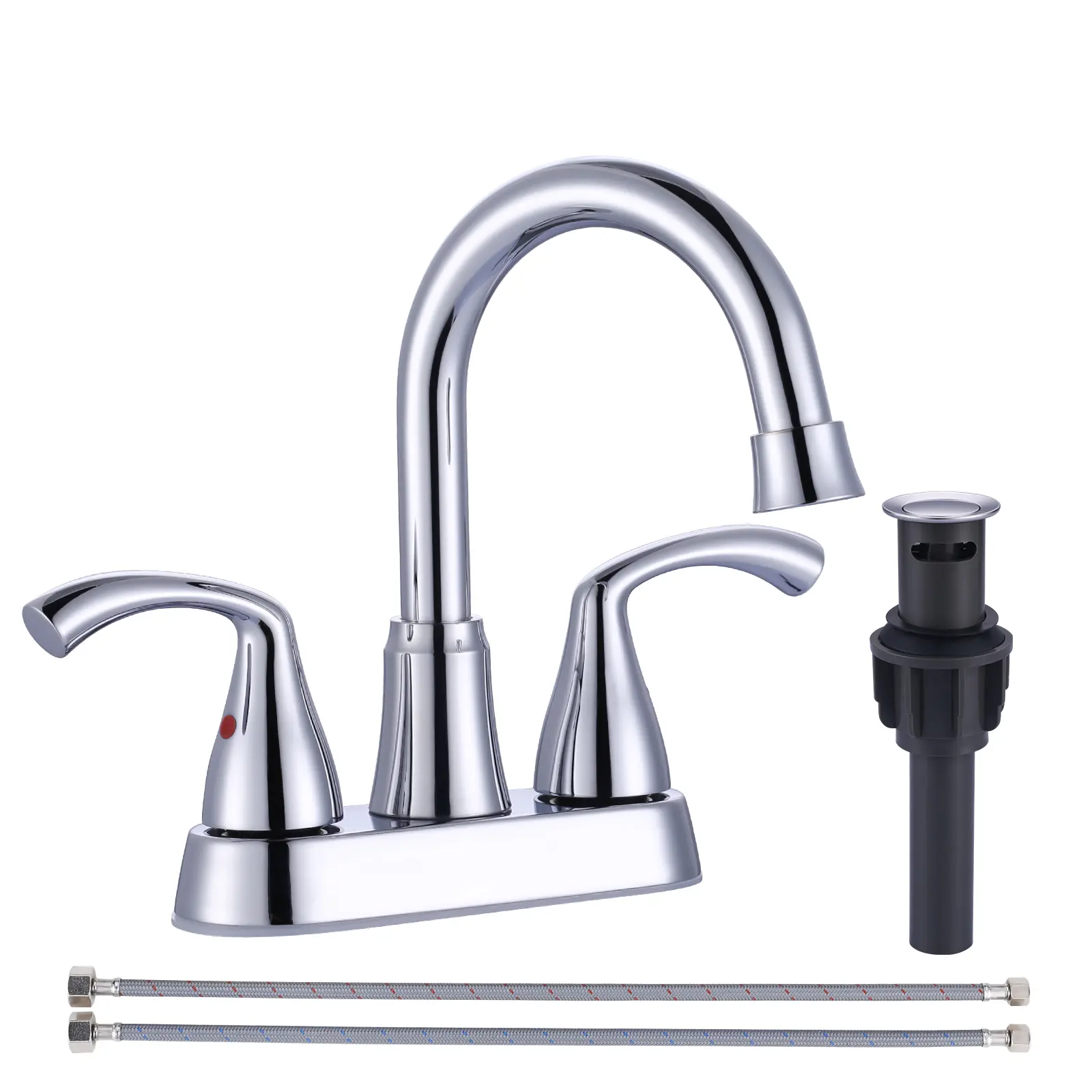WOWOW Polished Chrome Stainless Steel High Arc Bathroom Faucet, 2-Handle 3-Hole Deck Mount, Curved Spout with Adjustable Flow Control, Faucet Attachment & Complete Drain Assembly Kit, Stainless Steel Faucet