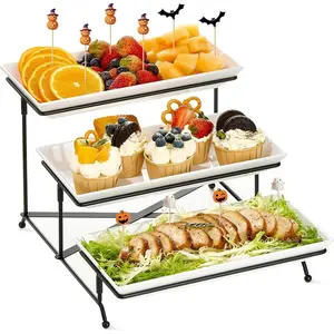 3 Tier Serving Tray Set, 12" Tiered Serving Trays Platters,  Serving Tray for Party, Collapsible Sturdier Stand with   Bars, Serving Platters for Veggie, Fruit, Dessert