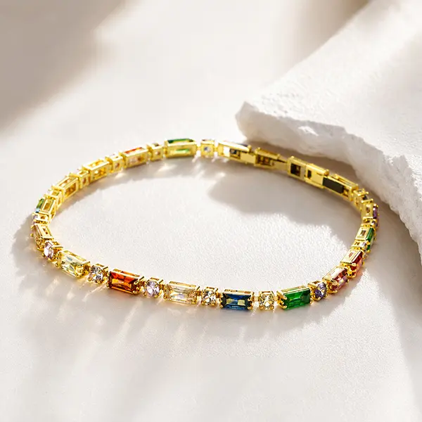 Rainbow Tennis Bracelet for Women | Colorful CZ Gemstone Gold Bracelet | Elegant Jewelry Gift for Her