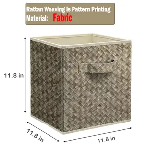 12inch Foldable Cube Storage Box 6-Piece Set Wardrobe Organizer Toy Clothing Storage Box Brown Rattan Weaving Pattern Printing Fabric Material