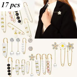 17Pcs Brooch Pins, Sweater Shawl Hat Clip Neckline Pins Double Faux Pearl Brooches for Women Fashion Cover Up Buttons Clothing Dress Decoration Accessories Pant Waist Tightener Safety Pins