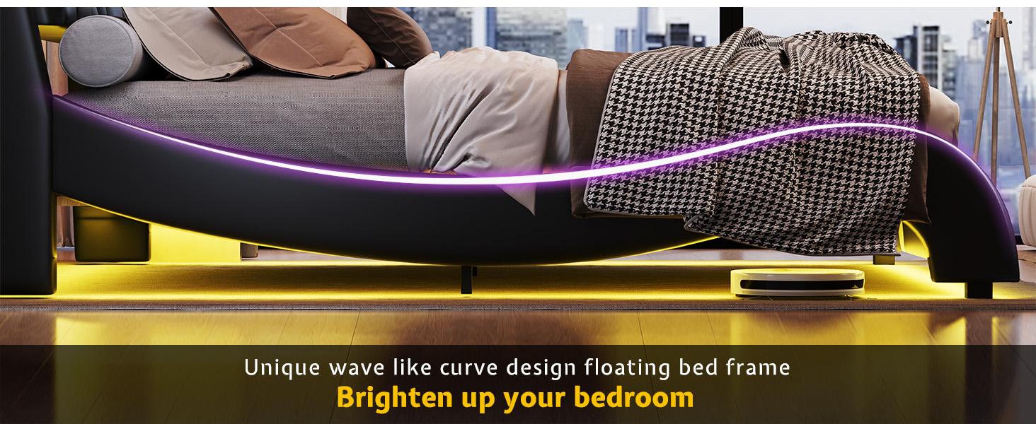 VanAcc Floating Bed Frame with LED Lights, Modern Faux Leather Upholstered Platform Bed, Wave Like Curve Design No Box Spring Needed