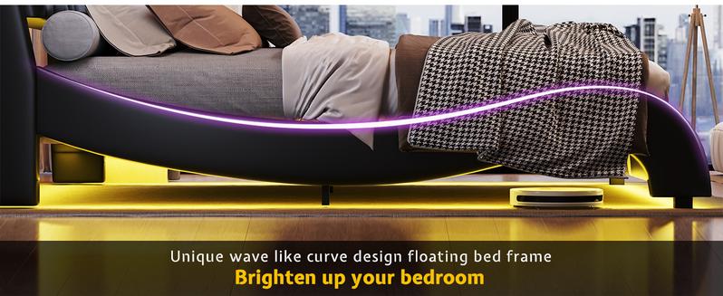 AMERLIFE Bed Frame with LED Lights, Remote&APP Control, Modern Faux Leather Upholstered Platform Bed with Headboard, Wave Like Curve Design, Safety&Comfy, No Box Spring Needed/Luxury Furniture/Full/Queen Size/Best Gift Ideas/Christmas Gifts