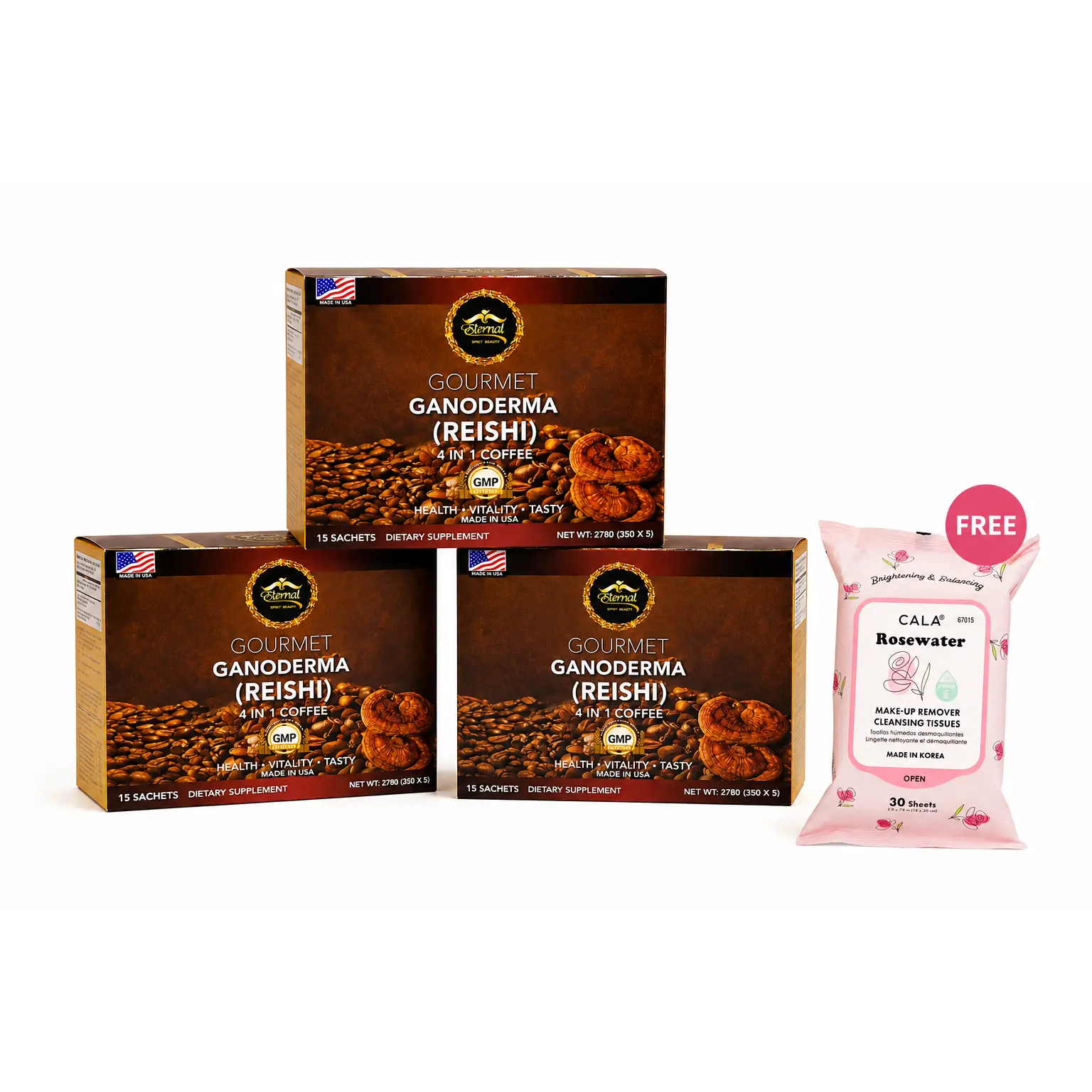 3-Pack Gourmet Ganoderma (Reishi) 4-in-1 Coffee | Premium Instant Coffee Mix | 15 Sachets Each