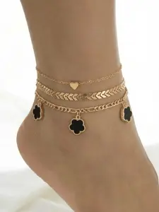 Fashion Simple Heart Leaf Five-Petal Flower Layered Anklet Set, Suitable for Daily Wear and Beach Vacation, Perfect Gift