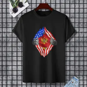 USA Montenegro Flag Half Montenegrin Half American Roots T-Shirt, 100% Cotton, Single Side Printed, Black Short Sleeve T-shirt, Gift for Family Friends, S-XXXL, 1 pc, Fabric Weight 180g